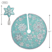 Load image into Gallery viewer, Miniature Whimsical Snowflakes Tree Topper and Christmas Tree Skirt Set
