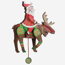 Load image into Gallery viewer, Pull-String Moose With Santa Wood Ornament
